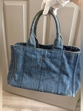 Prada Canapa Large Denim Tote Blue Canvas Shoulder Bag Italy / COA